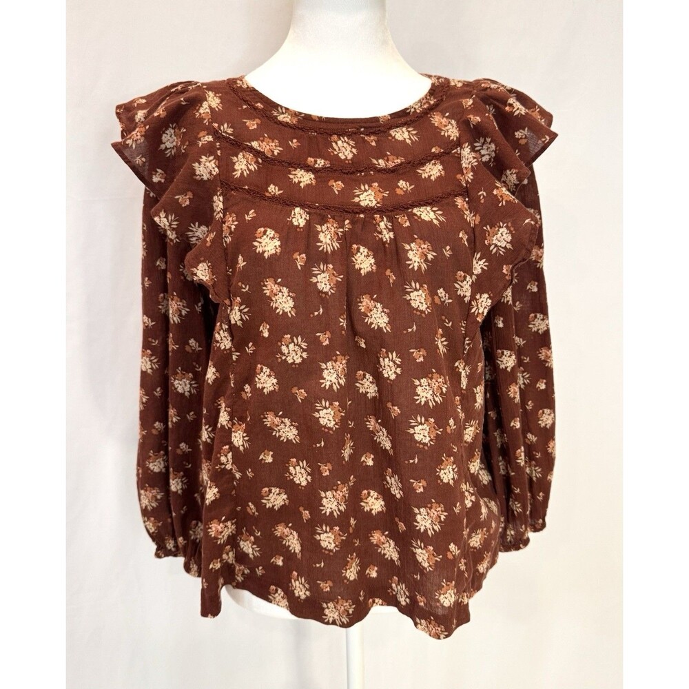 Madewell Women's M Brown Floral Ruffle Blouse 3/4 Sleeve Boho Peasant Top